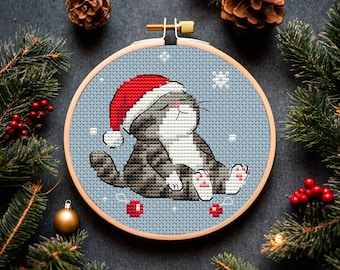 Christmas Cat Cross Stitch Pattern PDF, Sleepy Grey Tabby in Santa Hat