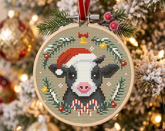Christmas Cow Cross Stitch Pattern PDF, Santa Hat and Holly, Small Ornament Chart for Farmhouse Decor