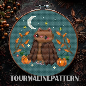 Cute Halloween Bat Cross Stitch Pattern PDF, Witchy Cross Stitch, Funny Autumn Cross Stitch, Cozy Vibes, Pumpkins, and Gothic Design
