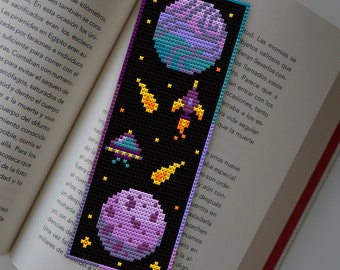 Space Bookmark Cross Stitch Pattern PDF, Galaxy Planets with Rocket, Solar System Embroidery