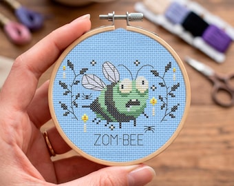 Zombie Bee Cross Stitch Pattern PDF, Zom-Bee Funny Pun with Leaf Sprigs, Halloween Hoop Art