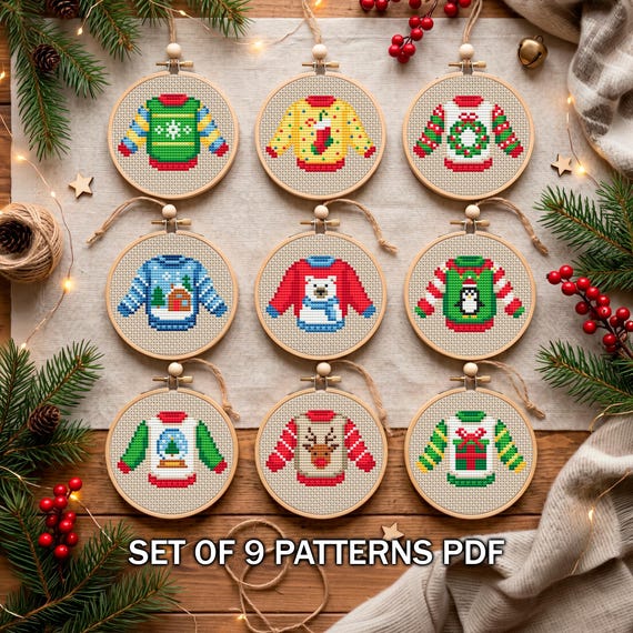 9 Funny Sweater Cross Stitch PDF Bundle, Christmas Tree Ornament Set, Holiday Home Decor