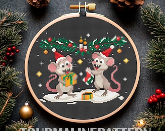 Whimsical Christmas Cross Stitch Pattern PDF, Mice Couple with Gifts, Cozy Winter Needlework
