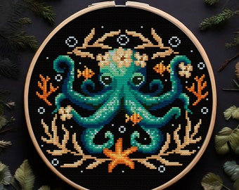 May include: A cross-stitch embroidery pattern of an octopus with a teal blue body and orange tentacles surrounded by coral and starfish on a black background.