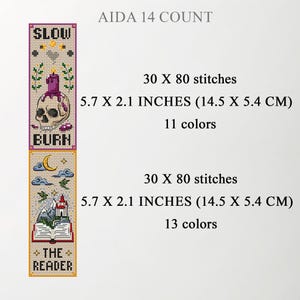 AIDA 14 count size chart for two fantasy bookmarks: “Slow Burn” (skull with melting purple candle) and “The Reader” (open book with castle, moon, clouds, dragons). Each 30×80 stitches, 5.7×2.1 in (14.5×5.4 cm); 11 and 13 colors. TourmalinePattern on Etsy.