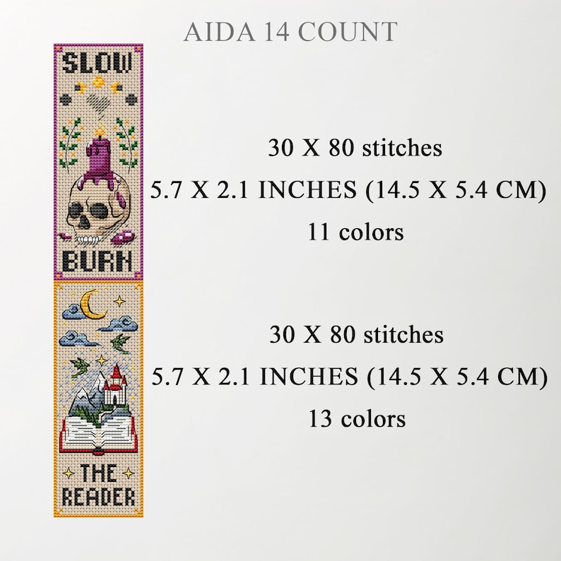 AIDA 14 count size chart for two fantasy bookmarks: “Slow Burn” (skull with melting purple candle) and “The Reader” (open book with castle, moon, clouds, dragons). Each 30×80 stitches, 5.7×2.1 in (14.5×5.4 cm); 11 and 13 colors. TourmalinePattern on Etsy.