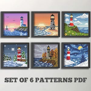 Puede incluir: Conjunto de seis patrones de punto de cruz enmarcados con faros en diversas escenas costeras. Cada pieza muestra una hora del día y un clima diferentes, con colores vibrantes y puntadas detalladas. El texto en la parte inferior dice "SET OF 6 PATTERNS PDF".