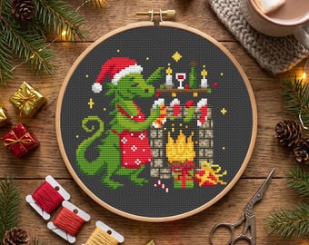 Christmas Dragon Cross Stitch Pattern PDF, Santa Hat and Stockings by Fireplace, Hoop Art for Fantasy Fans