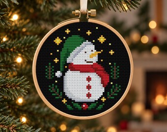 Starry Snowman Cross Stitch Pattern PDF, Cozy Christmas Ornament with Pine Sprigs and Holly
