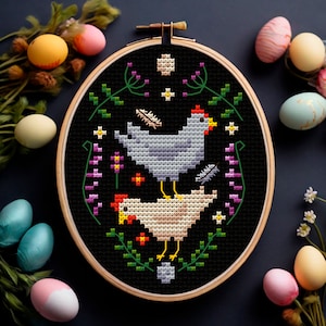 Easter chicks Cross stitch pattern PDF Spring floral chicken Cottagecore embroidery Spring decor Farmhouse chicken Mini holiday cross stitch