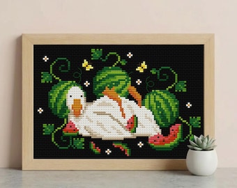 Silly Goose Cross Stitch Pattern, Summer Watermelon Feast with Leaves and Butterflies, Funny Wall Art PDF