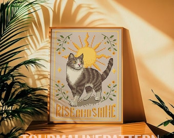 Retro Cat Cross Stitch PDF, Rise and Shine, Funny Tabby with Solar Sun, Dark Gold Embroidery
