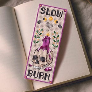 Slow Burn Bookmark Cross Stitch Pattern - Gothic Skull Candle, Witchy Bookish PDF