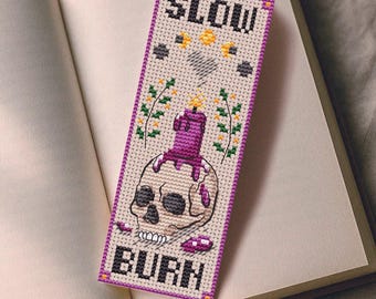 Slow Burn Bookmark Cross Stitch Pattern - Gothic Skull Candle, Witchy Bookish PDF