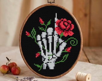 Skeleton Hand Cross Stitch Pattern with Red Rose, Bones and Flowers Gothic Chart (PDF)