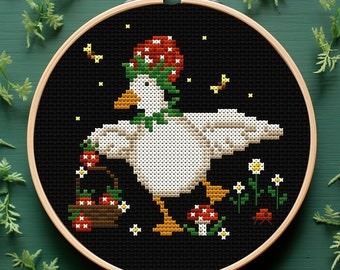 Strawberry Hat Goose Cross Stitch PDF – Cottagecore Summer Embroidery, Silly Goose with Flowers
