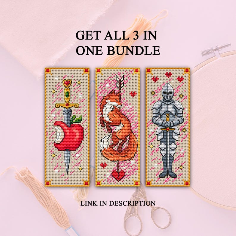 May include: Three rectangular cross-stitch patterns featuring a sword piercing a red apple, a fox wrapped around an arrow, and a knight in silver armor. The text GET ALL 3 IN ONE BUNDLE and LINK IN DESCRIPTION is visible on the light background.