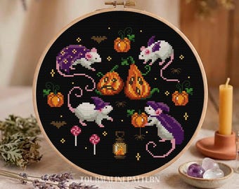 Halloween Mice Cross Stitch Pattern PDF, Witchy Rats with Pumpkin, Spooky Dark Embroidery