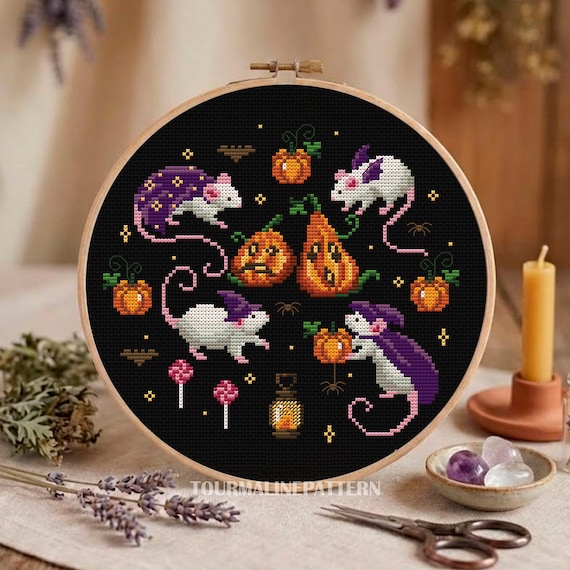 Halloween Mice Cross Stitch Pattern PDF, Witchy Rats with Pumpkin, Spooky Dark Embroidery
