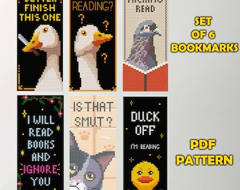 Onbeleefde bladwijzers, kruissteekset pdf, grappige kruissteekbladwijzers, schattig patroon voor boekenliefhebber, vogelborduurwerk, schattige kat, domme gans