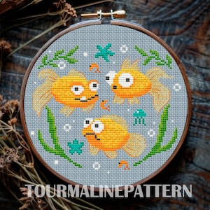 Funny Goldfish Cross Stitch Pattern PDF, Cute Cartoon Fish Embroidery, Fun Sea Creature, Whimsical Ocean Life Needlework for Summer Decor