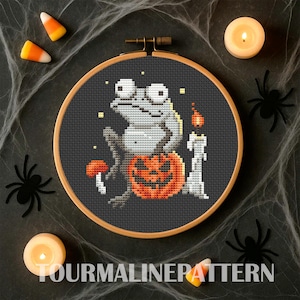 Halloween Frog Cross Stitch Pattern PDF, Silly Toad with Pumpkin and Mushrooms Embroidery, Dark Cottagecore Stitch for Creepy Cute Autumn