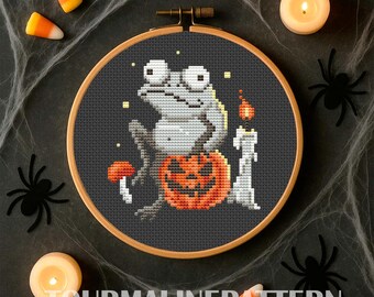 Frog Cross Stitch Pattern PDF, Halloween Toad on Pumpkin with Candle, Spooky Gothic Embroidery