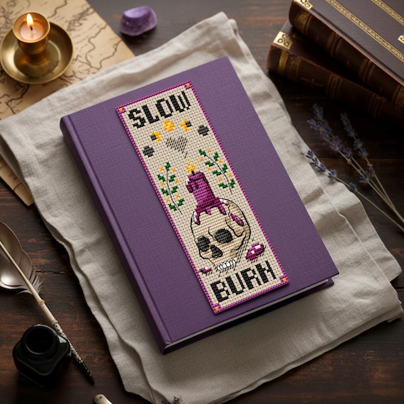 Slow Burn Bookmark Cross Stitch Pattern PDF, Skull with Melting Candle and Ivy, Romantasy Chart for Book Lovers