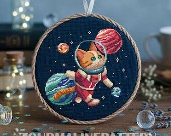 Space Cat Cross Stitch PDF, Astronaut Kitten Ornament Pattern, Galaxy Kids Room Wall Art