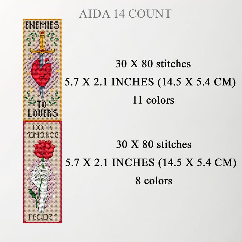 AIDA 14 count size chart for two romance-themed cross-stitch bookmarks: “Enemies to Lovers” (heart on a dagger with ivy), 30×80 stitches, 5.7×2.1 in (14.5×5.4 cm), 11 colors; and “Dark Romance Reader” (skeleton hand holding a red rose), 30×80 stitches, 5.7×2.1 in (14.5×5.4 cm), 8 colors. TourmalinePattern on Etsy.