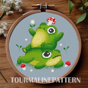 Frog Tower Cross Stitch Pattern PDF, Woodland Mushrooms, Funny Cottagecore Toad
