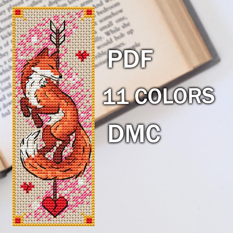 Fox cross stitch bookmark PDF chart featuring orange fox with arrow and red heart on pink patterned background, TourmalinePattern on Etsy.