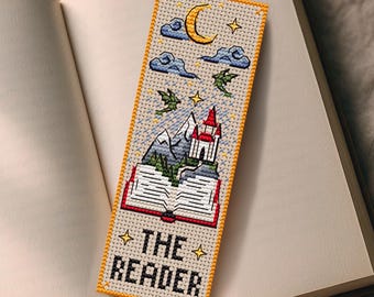 The Reader Tarot Card Cross Stitch Bookmark: Fantasy Book & Dragon Pattern (PDF)