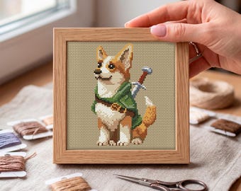 Corgi Cross Stitch Pattern for Tabletop Gamers and Pet Parents, Ranger with Sword, Add Pet Name, PDF Chart