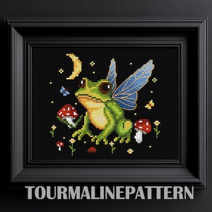 Funny Fairy Frog, Witchy Cross Stitch Pattern PDF, Cottagecore Frog Embroidery, Fantasy Cross Stitch, Woodland Animal Embroidery