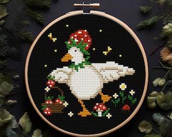 Silly Goose with strawberry Funny cross stitch pattern PDF Hello summer embroidery Floral and bird cottagecore embroidery Farmhouse