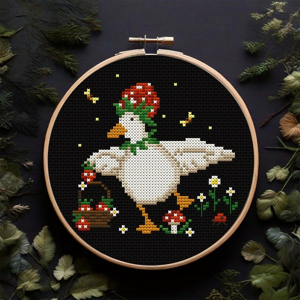 Silly Goose with strawberry Funny cross stitch pattern PDF Hello summer embroidery Floral and bird cottagecore embroidery Farmhouse