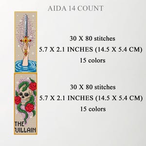 AIDA 14 count size chart for two fantasy bookmarks: “Lady of the Lake” (hand lifting a jeweled sword from water) and “The Villain” (skull entwined with green snake and red roses). Each 30×80 stitches, 5.7×2.1 in (14.5×5.4 cm), 15 colors. TourmalinePattern on Etsy.