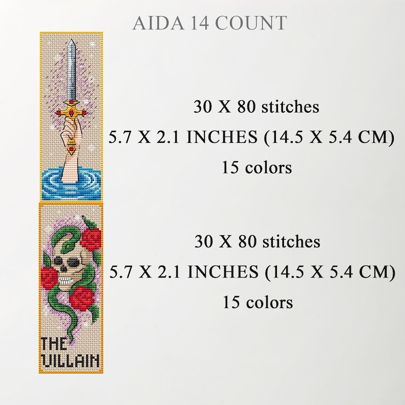 AIDA 14 count size chart for two fantasy bookmarks: “Lady of the Lake” (hand lifting a jeweled sword from water) and “The Villain” (skull entwined with green snake and red roses). Each 30×80 stitches, 5.7×2.1 in (14.5×5.4 cm), 15 colors. TourmalinePattern on Etsy.