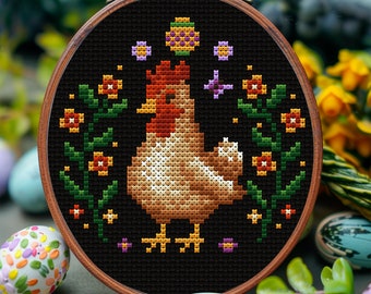 Kleine Osterhenne Kreuzstichvorlage PDF Frühlingsblumenhuhn Lustige Osterküken Cottagecore Stickerei Frühlingsferienhuhn