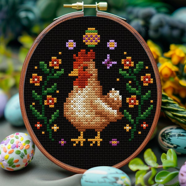 Small Easter hen Cross stitch pattern PDF Spring floral chicken Funny Easter chicks Cottagecore embroidery Spring holiday chicken