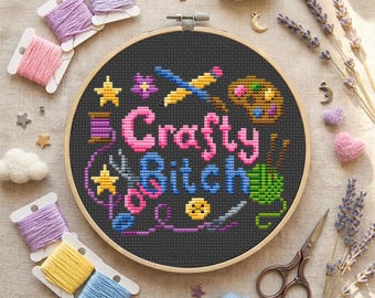 Subversief kruissteekpatroon voor creatieve vrouwen (PDF), brutale quote met naald en verfpalet, decoratie voor de hobbykamer