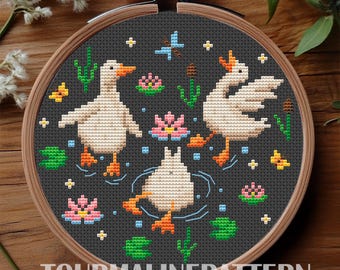 Spring Geese Cross Stitch Pattern PDF, Silly Duck and Goose Cross Stitch, Cute Waterfowl Embroidery, Handmade Farm Animal for Summer