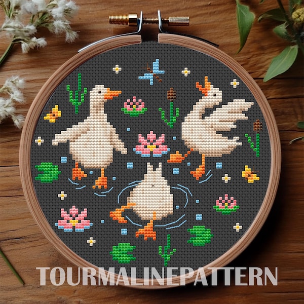 Spring Geese Cross Stitch Pattern PDF, Silly Duck and Goose Cross Stitch, Cute Waterfowl Embroidery, Handmade Farm Animal for Summer
