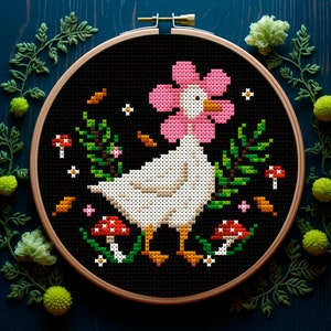 Forest silly goose in flowers Mushroom cross stitch pattern PDF Magic dark forest Snarky cross stitch Fantasy woodland embroidery