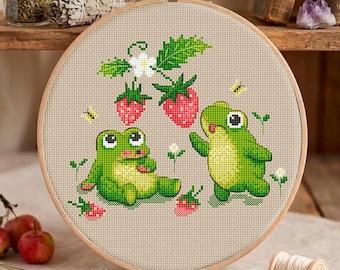 Kawaii Frog Cross Stitch PDF, Strawberry Garden Pattern — Cottagecore Gift for Frog Lovers