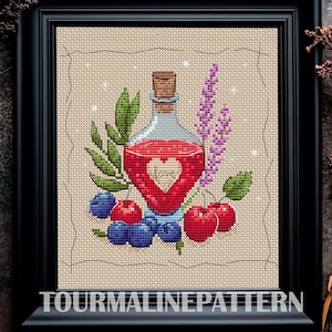 Witchy Cross Stitch Pattern PDF, Magic Love Potion with Garden Herbs Embroidery, Mystical Cottagecore Decor, Dark Magic Stitch Art