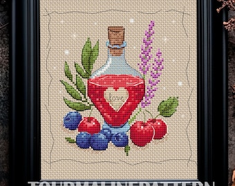 Witchy Love Potion Cross Stitch Pattern PDF - Herbal Embroidery with Berries & Flowers