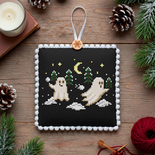 Christmas Ghost Cross Stitch Pattern, Snowball Fight in Snowy Pines PDF Chart, Whimsical Winter Decor