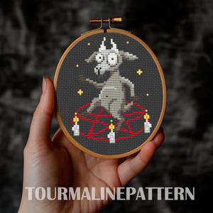 Witchy Goat Cross Stitch Pattern PDF, Small Spooky Animal Embroidery with Gothic Charm, Dark Forest Stitch for Halloween Home Decor